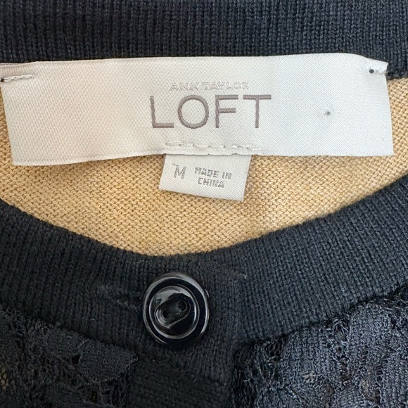 LOFT Chic Beige Knit Cardigan with Black Lace Overlay and Button Front | Size M - Picture 5 of 6